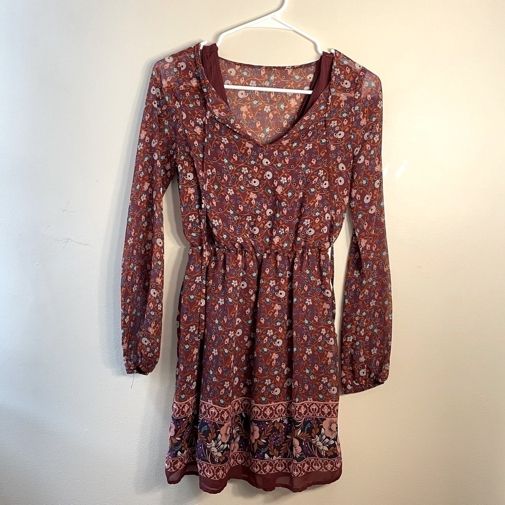 Mudd boho floral women’s fully lined fit and‎ flare 3/4 sleeves dress midi